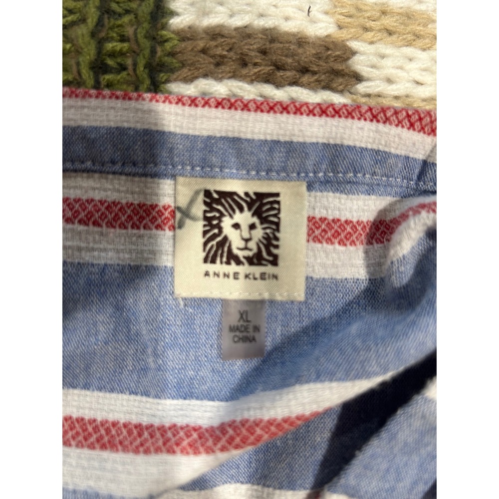 Anne Klein Womens XL Blue Red White Striped Button Front 3/4 Tie Sleeve Blouse - Picture 4 of 6